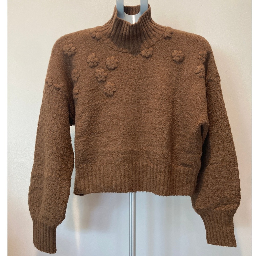 Jessica Simpson S Brown Floral Applique Mock Neck Boucle Knit Cropped Sweater
